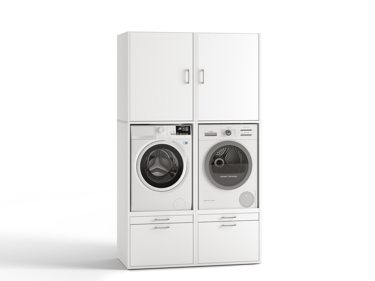 Weißer Waschmaschinen Überbauschrank mit hohem Schrankaufsatz für zusätzlichen Stauraum